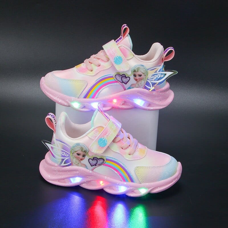 LED children's sneakers featuring a breathable mesh upper and vibrant rainbow glitter, designed for comfort and fun with light-up soles. 0